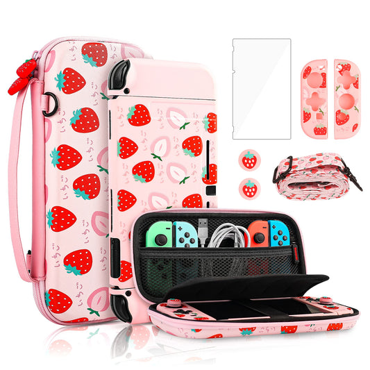 FANPL Pink Carry Case Bundle for Nintendo Switch  Cute Case Accessories Set for Switch with Hard Travel Case  Soft TPU cover  Adjustable Strap  Screen Protector  Thumb Grip Caps (Cute Pink Strawberry)