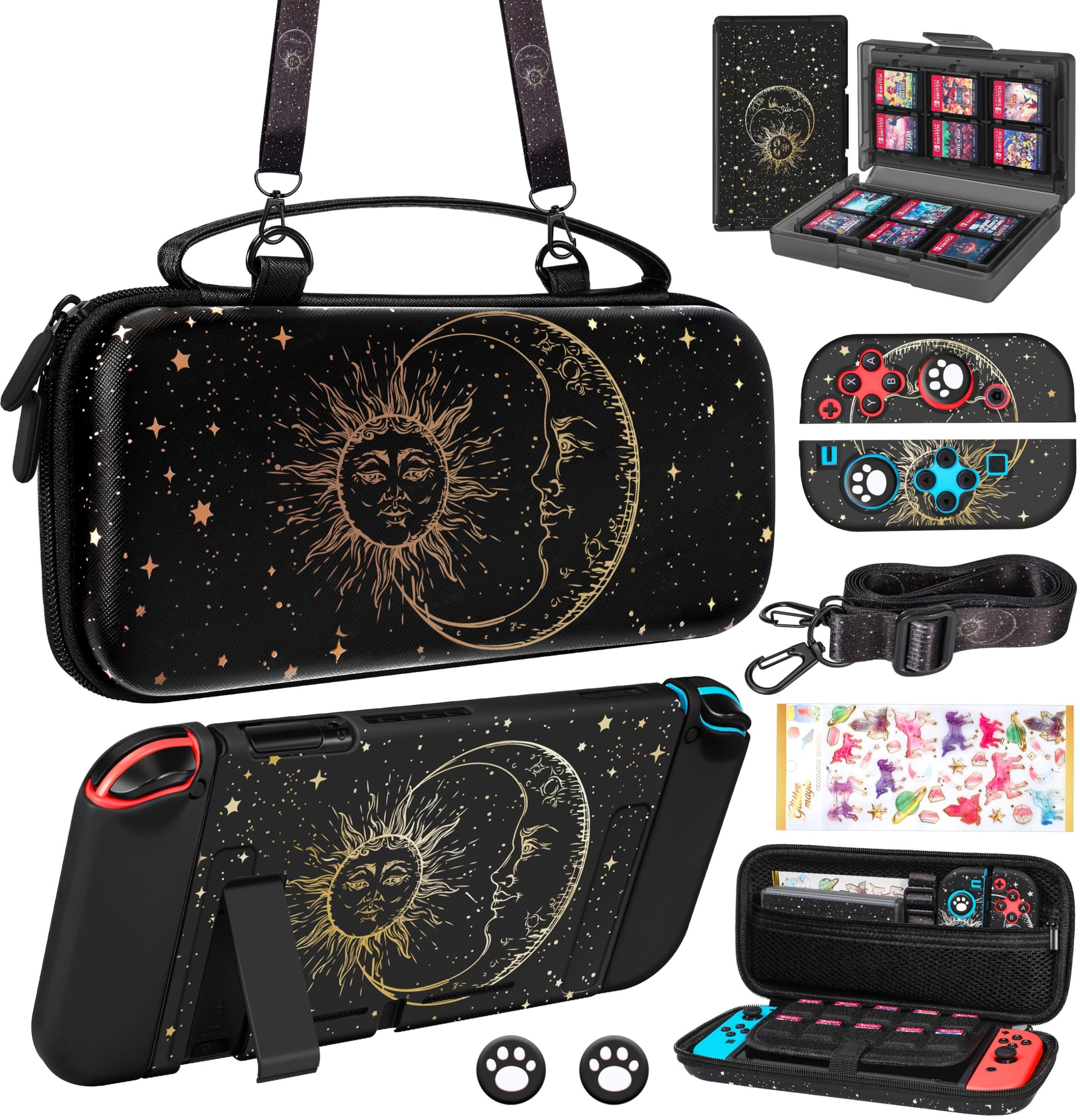 Gurgitat 9in1 Sun Moon Switch Case Bundle for Nintendo Switch - Black, Includes Thumb Grip, Game Holder, Dockable Skin, Shoulder Strap, Sticker