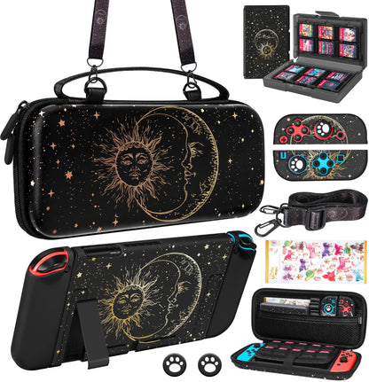 Gurgitat 9in1 Sun Moon Switch Case Bundle for Nintendo Switch - Black, Includes Thumb Grip, Game Holder, Dockable Skin, Shoulder Strap, Sticker