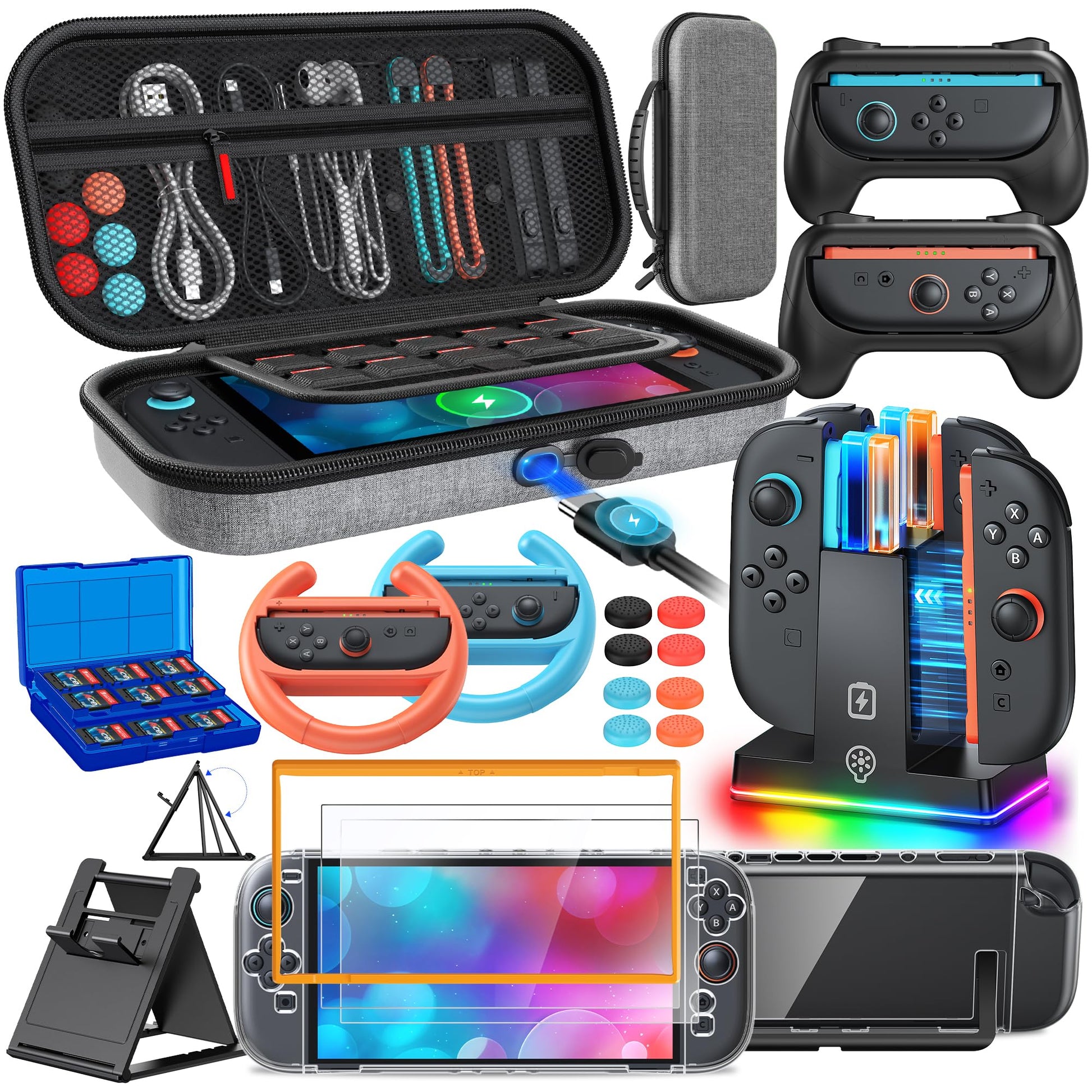 Switch 2 Accessories  [Charge Inside]Case Bundle for Nintendo Switch 2 2025 Console  FYOUNG 23 IN 1 Kit:Carrying Case Controller Charger Protective Shell Grip for Joycon  Steering Wheel (Grey)