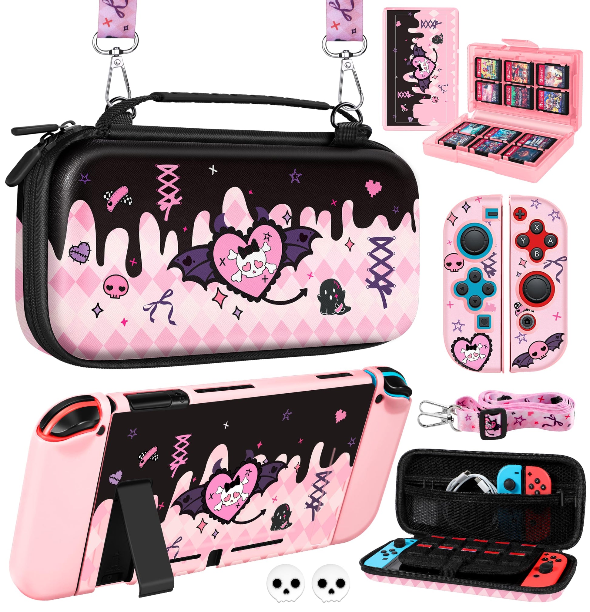 Gurgitat 8in1 Kits Accessories Bundle for Nintendo Switch 2017 - Cute Carrying Case  Protective Cover  Joy Con Grips  Thumb Grips  24 Game Holder  Shoulder Strap Teens Boys Girls  Skull