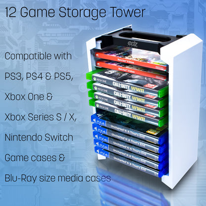 ADZ Game Storage Tower - Universal Holder for 12 PS4, PS5, Xbox, Nintendo Switch, Blu-Ray - White, Model ADZPS5-004