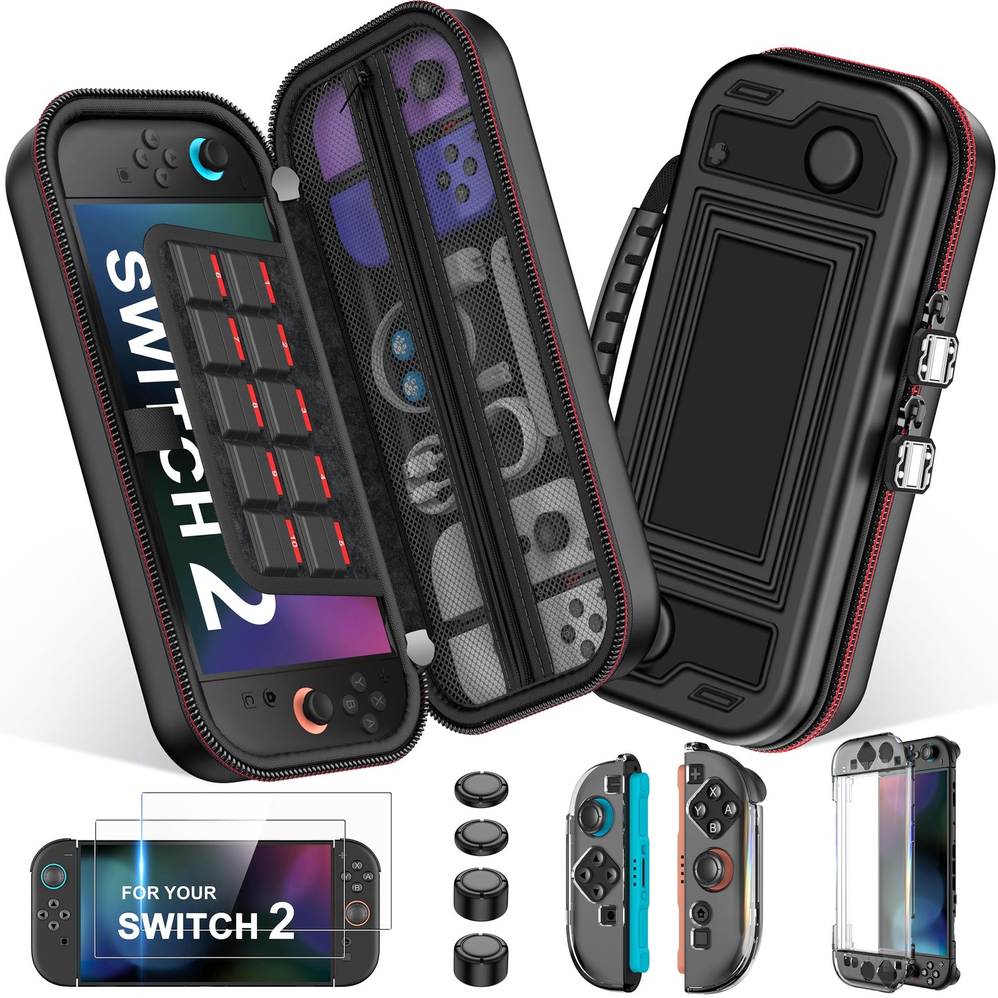 NinABXY Switch 2 Accessories  Bundle for Nintendo Switch 2 (2025)  8-IN-1 Kit: PU Waterproof Carrying Case  Clear Split PC Protective Shell  2-Pack HD Tempered Glass  2 Pairs Heightened Thumb Grips