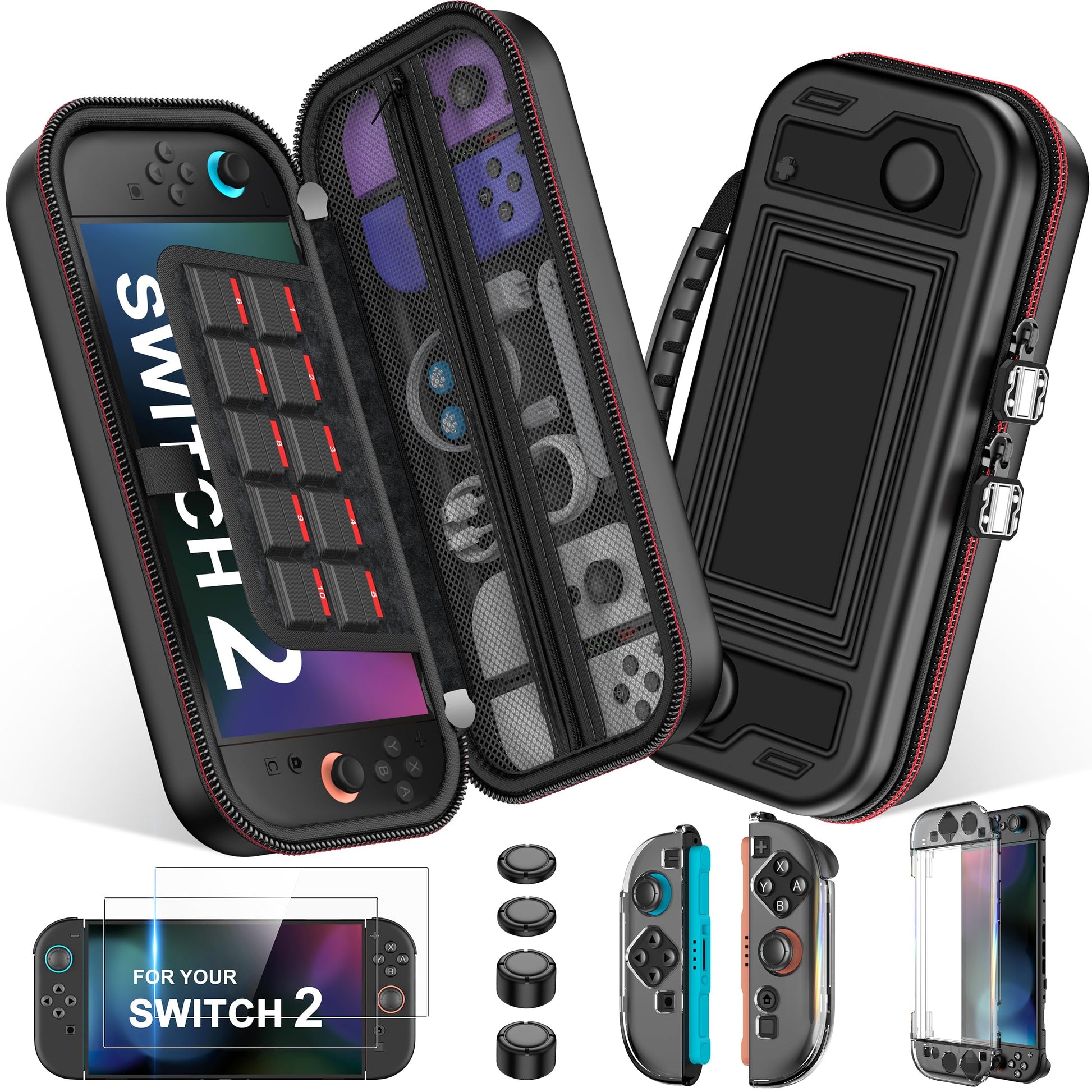 NinABXY Switch 2 Accessories  Bundle for Nintendo Switch 2 (2025)  8-IN-1 Kit: PU Waterproof Carrying Case  Clear Split PC Protective Shell  2-Pack HD Tempered Glass  2 Pairs Heightened Thumb Grips