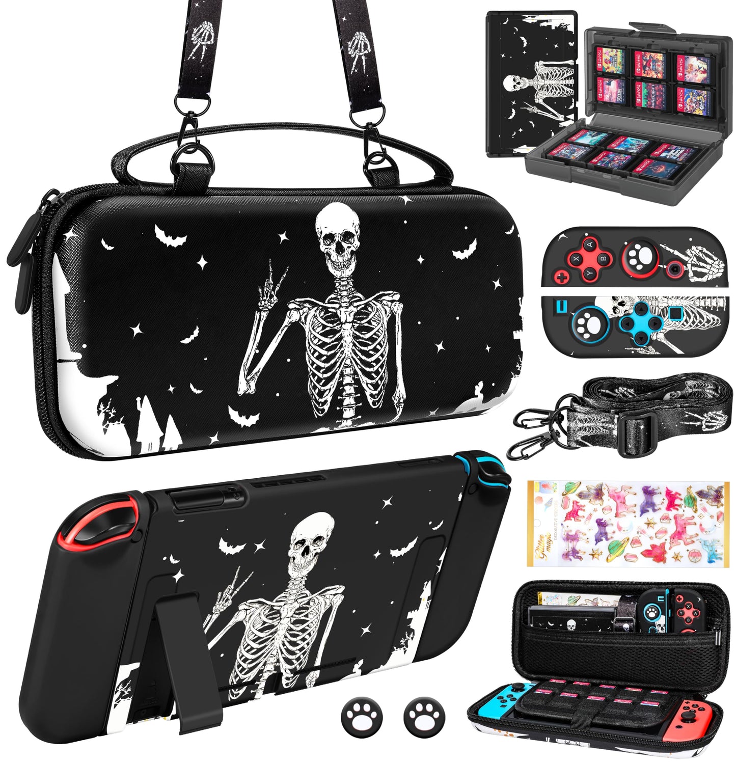 Gurgitat 9in1 Skull Skeleton Switch Case for Nintendo Switch - Black, Includes Thumb Grips, Game Holder, Dockable Skin, Shoulder Strap, Sticker