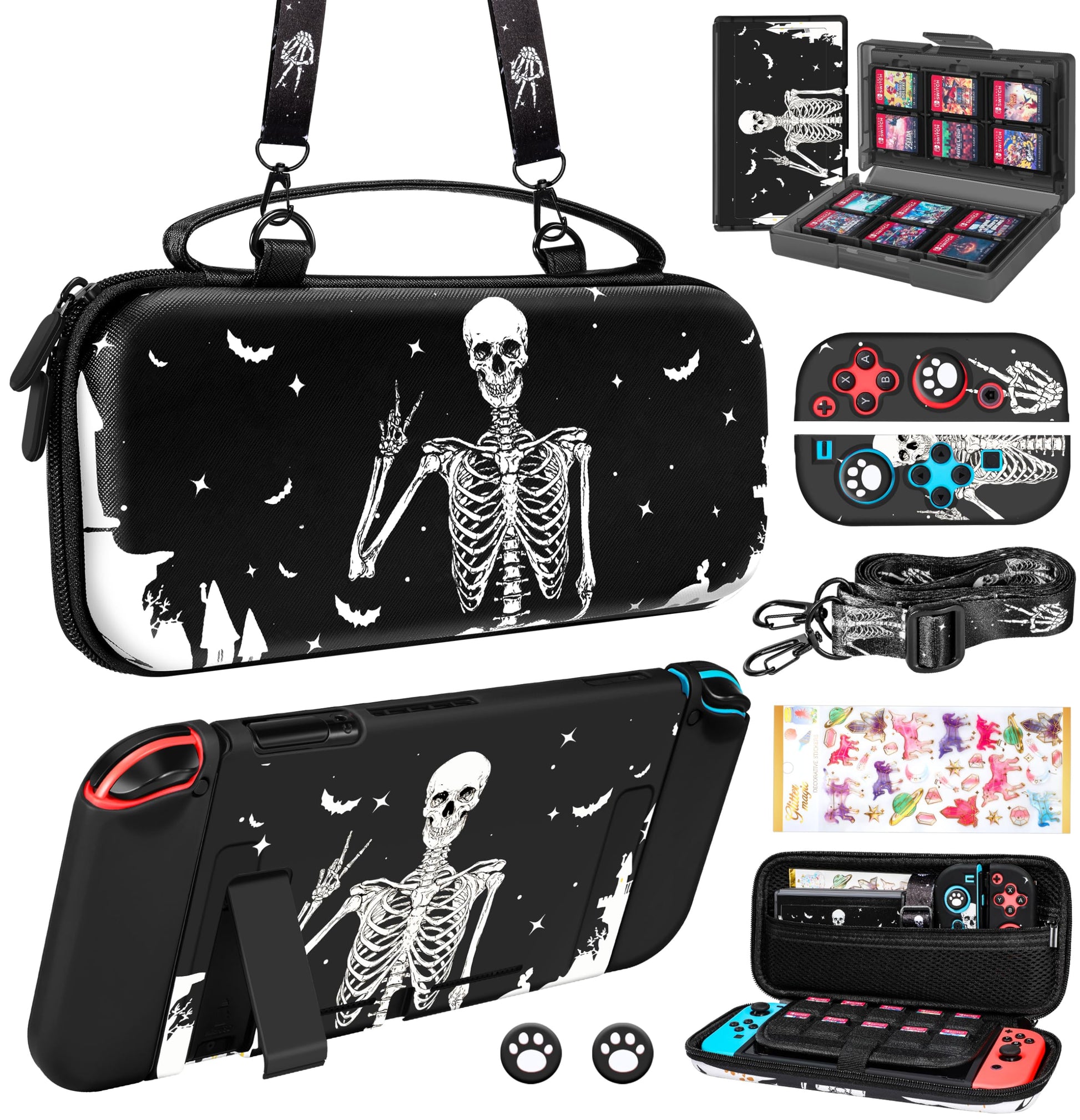 Gurgitat 9in1 Skull Skeleton Switch Case for Nintendo Switch - Black, Includes Thumb Grips, Game Holder, Dockable Skin, Shoulder Strap, Sticker