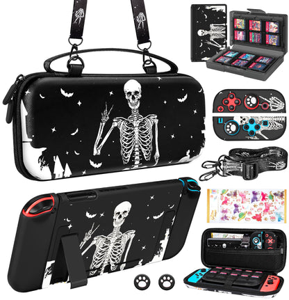 Gurgitat 9in1 Skull Skeleton Switch Case for Nintendo Switch - Black, Includes Thumb Grips, Game Holder, Dockable Skin, Shoulder Strap, Sticker