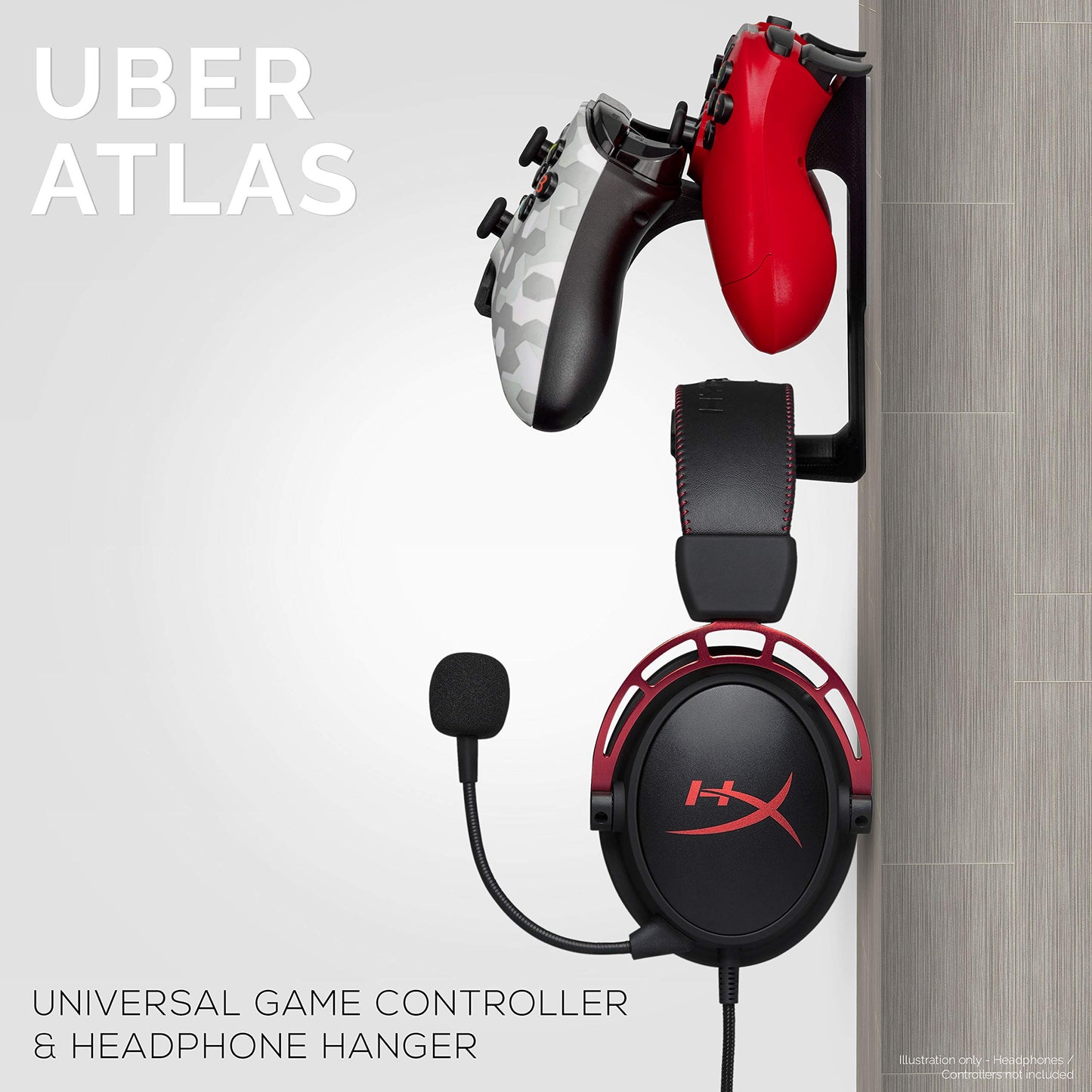 BRAINWAVZ UberAtlas Dual Game Controller & Headphone Wall Mount - Black, No Screws, Fits Xbox, PS5, PS4, Switch & More