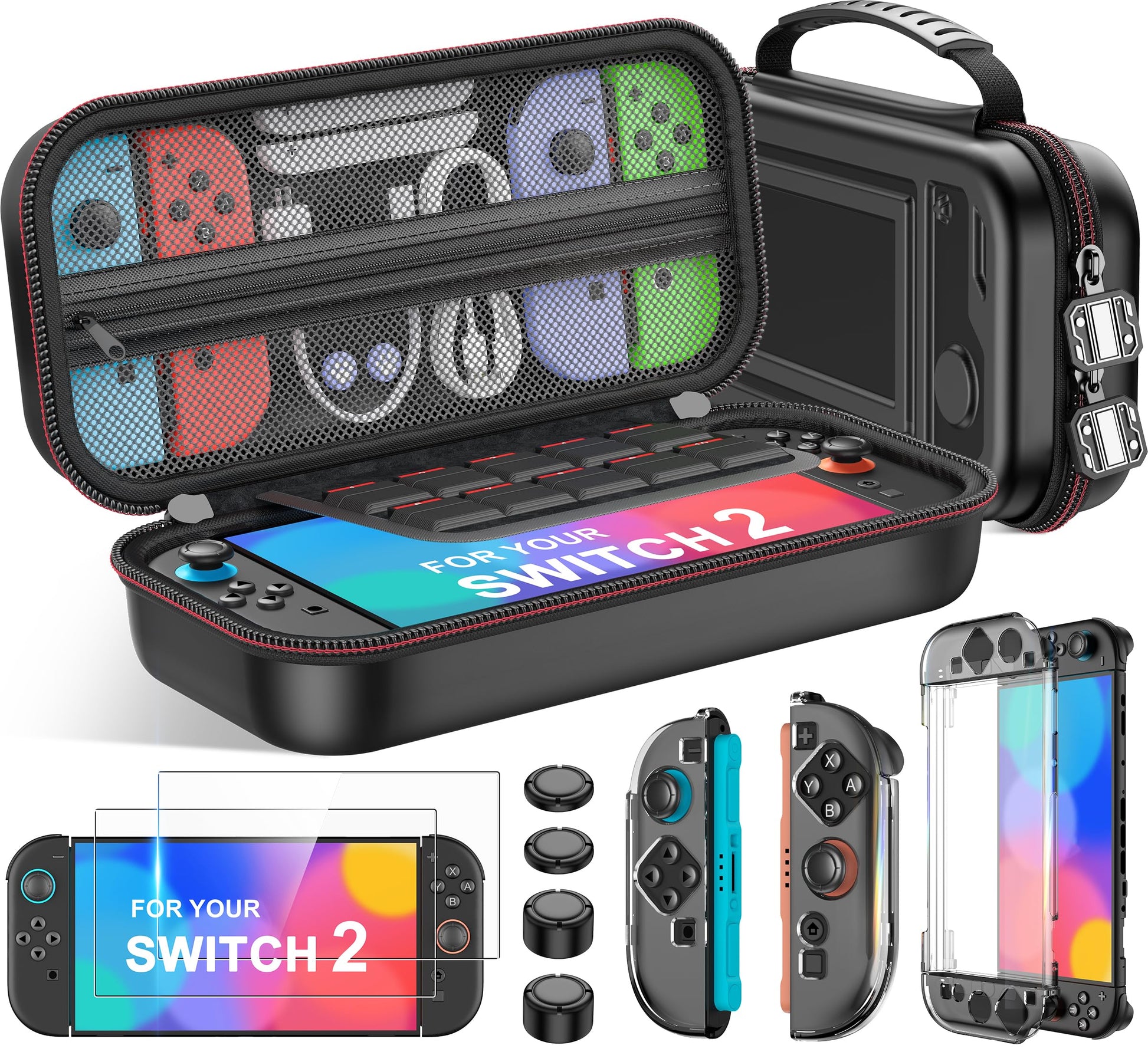 Switch 2 Case for Nintendo Switch 2 (2025)/Switch/OLED  4-in-1 Bundle Kits for Switch 2  3X Transparent Protective Cover+2X Screen Protectors+4X Thumb Caps  Accessories Set with Switch 2 Carrying Case
