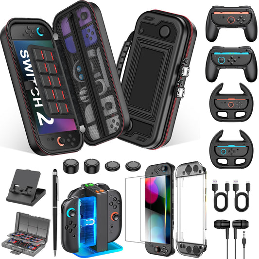 NinABXY Switch 2 Carrying Case Accessories  18-IN-1 Bundle for Nintendo Switch 2 2025-Dual Charging Dock  Game Card Holder  Steering Wheels  Ergonomic Grips Legacy Systems for Nintendo 3DS  XXL