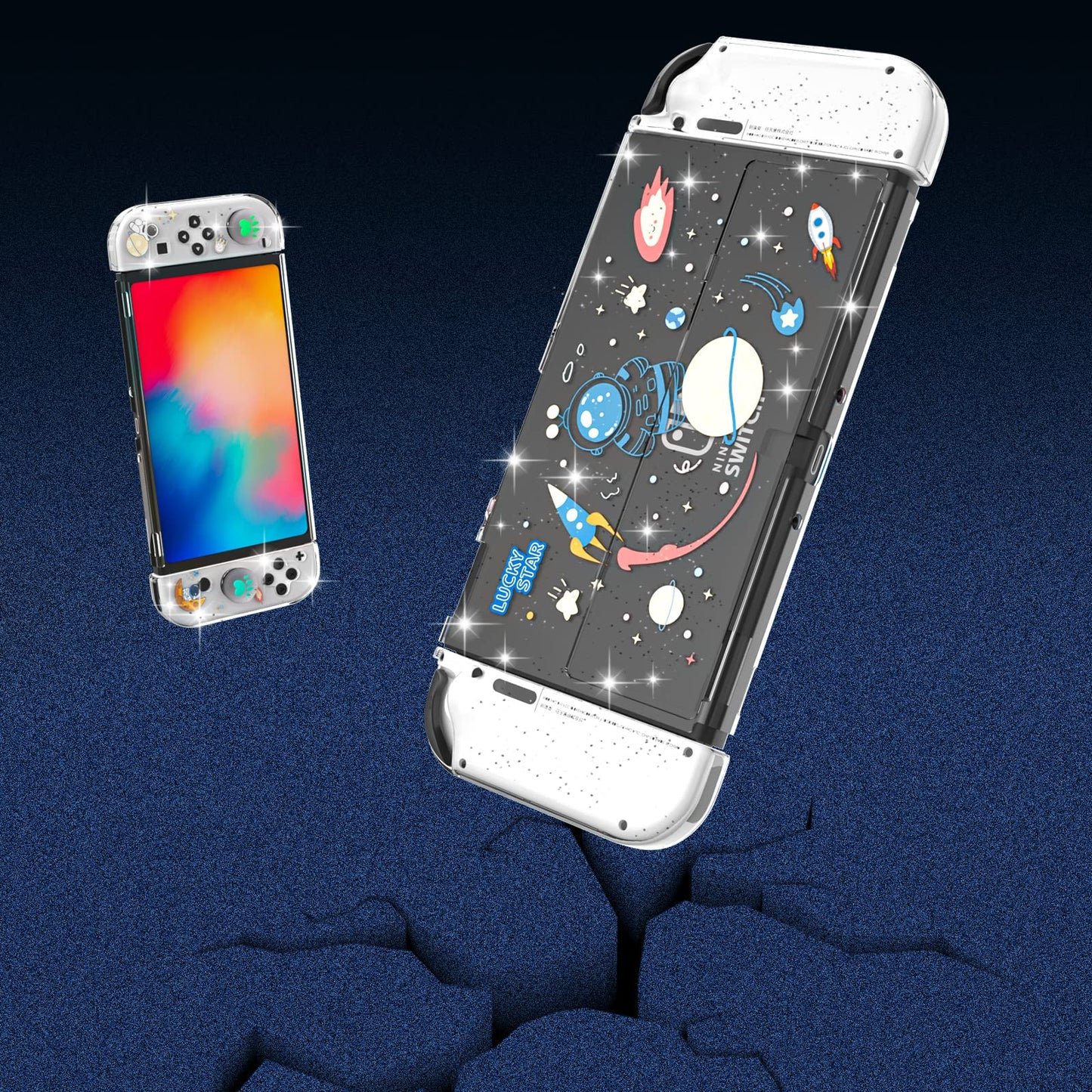 NANANINO Switch OLED Protective Case - Space Theme, Plastic, with Tempered Glass Screen Protector & Thumb Grip Caps