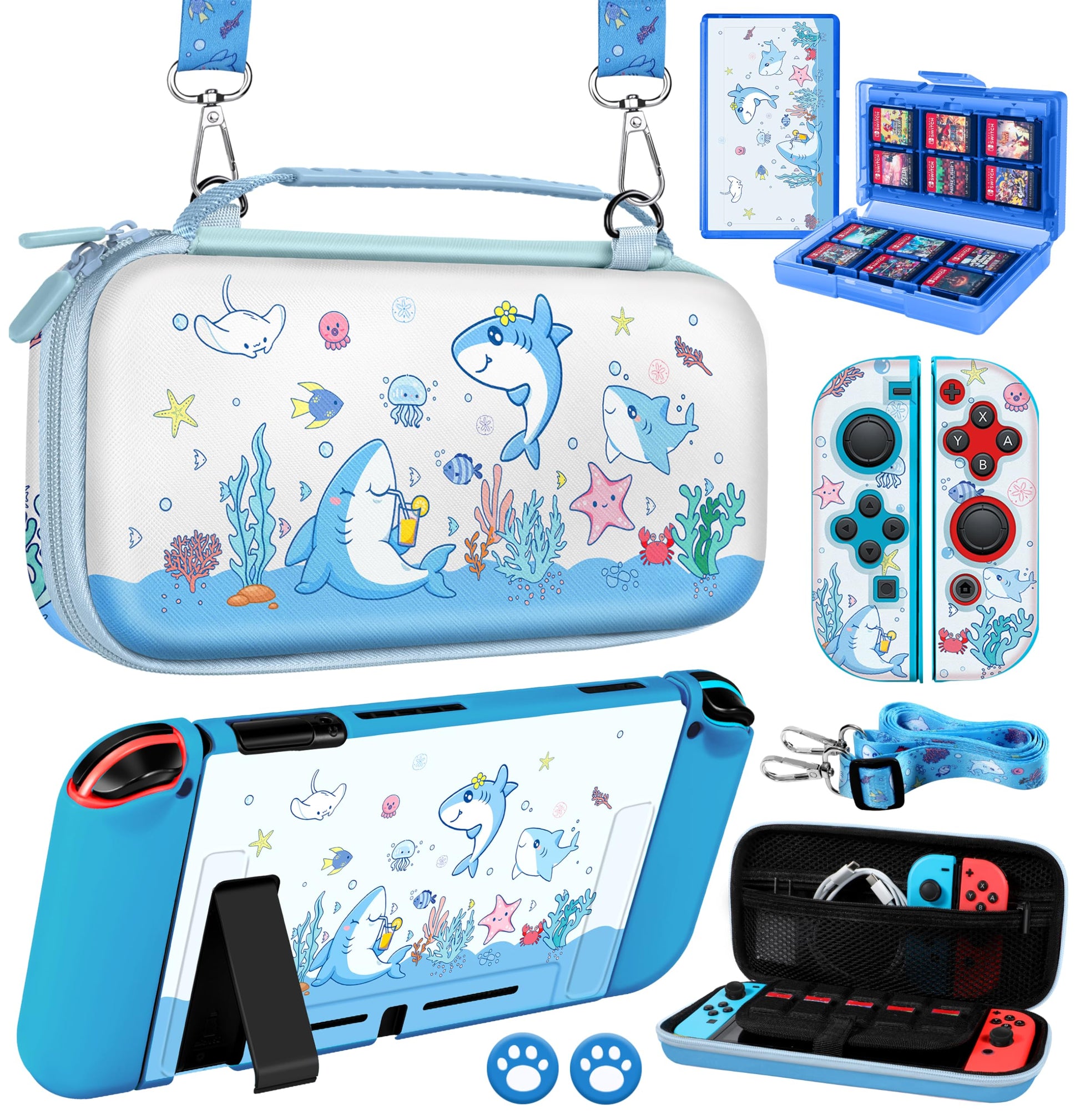 Gurgitat 8in1 Kits Accessories Bundle for Nintendo Switch 2017 - Cute Carrying Case  Protective Cover  Joy Con Grips  Thumb Grips  24 Game Holder  Shoulder Strap Teens Boys Girls  Blue Shark