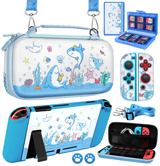 Gurgitat 8in1 Kits Accessories Bundle for Nintendo Switch 2017 - Cute Carrying Case  Protective Cover  Joy Con Grips  Thumb Grips  24 Game Holder  Shoulder Strap Teens Boys Girls  Blue Shark