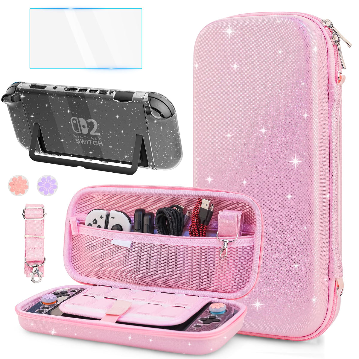 FANPL Pink Glitter Case for Nintendo Switch 2 Accessories, Cute Rainbow Sparkle Carrying Cover for Switch 2 and Joy Con with Gli