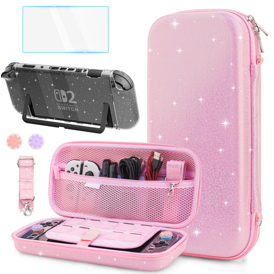 FANPL Pink Glitter Case for Nintendo Switch 2 Accessories, Cute Rainbow Sparkle Carrying Cover for Switch 2 and Joy Con with Gli