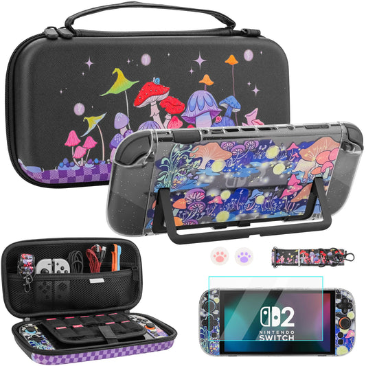 FUNDIARY Carrying Case for Switch 2  Cute Accessories for Switch 2 Console & Joycon with Mushroom Portable Travel Bag  PC Protective Dockable Covers  Screen Protector  Shoulder Strap and 2 Thumb Caps