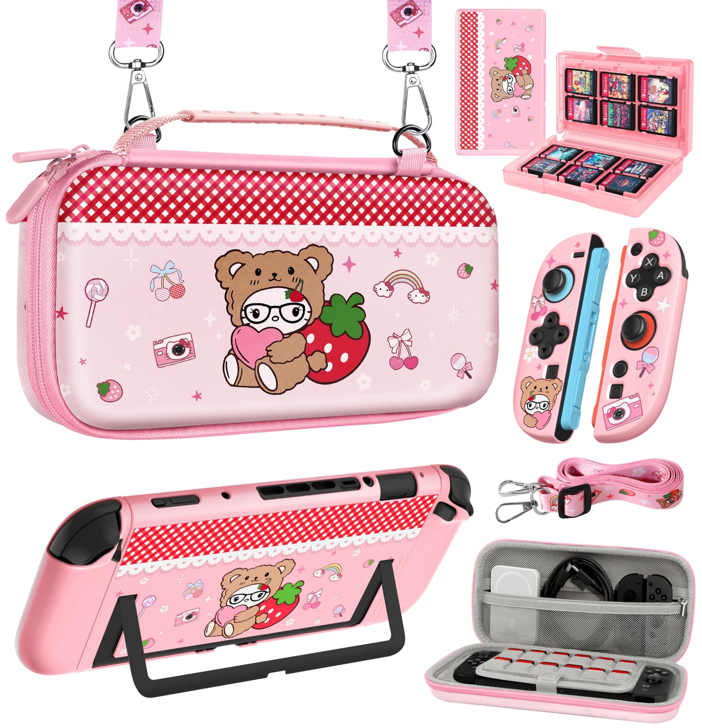 Gurgitat 6in1 Kits Accessories Bundle for Nintendo Switch 2 2025 - Cute Carrying Case  Protective Cover  Joy Con Grips  Thumb Grips  24 Game Holder  Shoulder Strap Teens Boys Girls  Strawberry