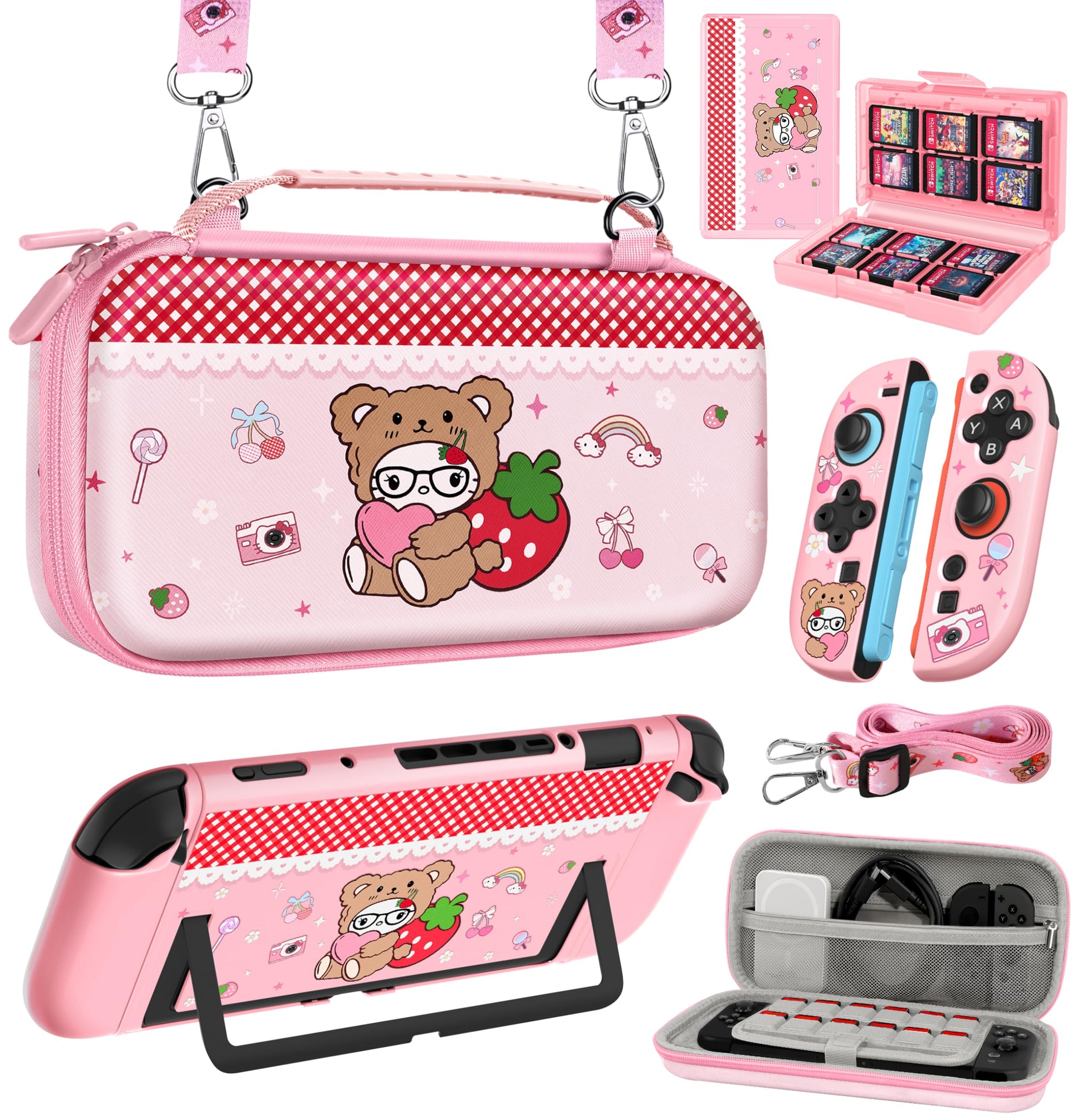 Gurgitat 6in1 Kits Accessories Bundle for Nintendo Switch 2 2025 - Cute Carrying Case  Protective Cover  Joy Con Grips  Thumb Grips  24 Game Holder  Shoulder Strap Teens Boys Girls  Strawberry