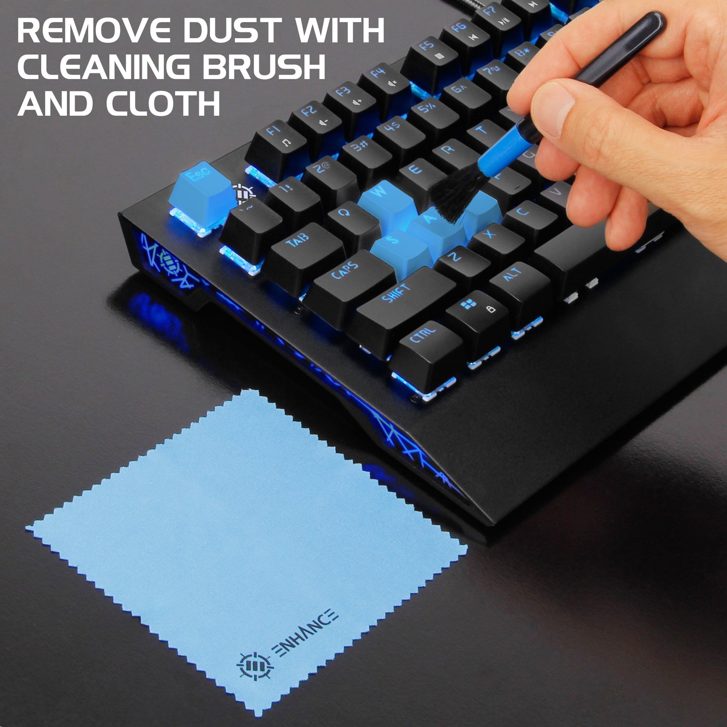 ENHANCE PBT Keycaps Set - Doubleshot Blue Key Caps for Gaming Keyboard - Compatible with Mechanical Switches - Includes Keycap Puller & Brush
