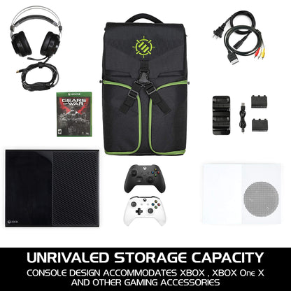 ENHANCE Xbox Backpack - Large Green Carrying Case for Series S, One X, One S - Storage for Controllers, Headset & Games