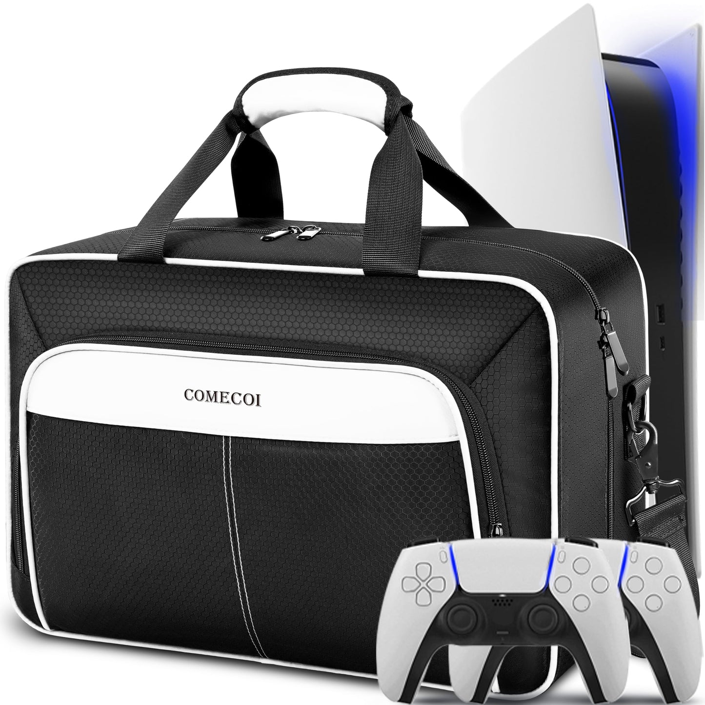 COMECOI PS5 Carrying Case - Large Protective Travel Bag for PS5, White, Model HX0001, Compatible with Console & Accessories
