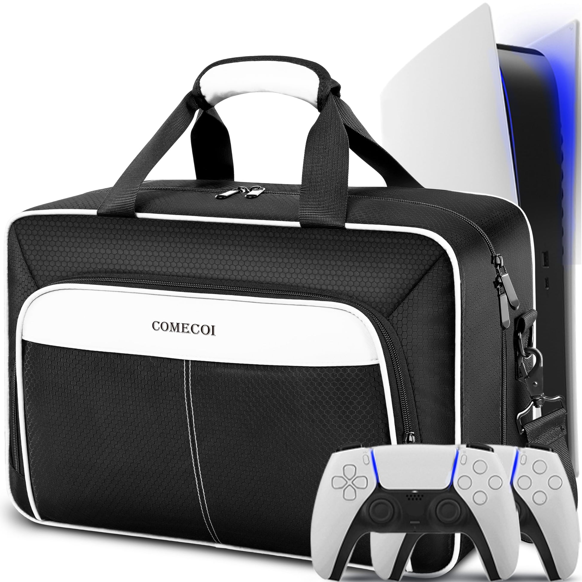 COMECOI PS5 Carrying Case - Large Protective Travel Bag for PS5, White, Model HX0001, Compatible with Console & Accessories