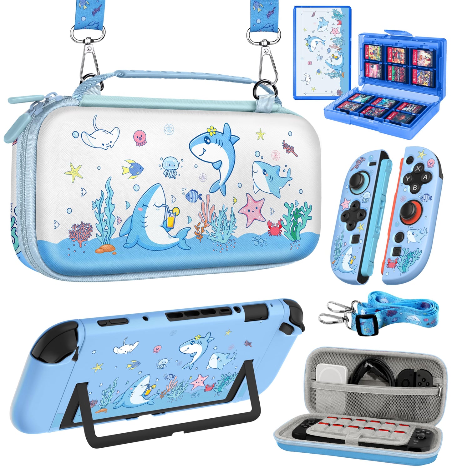 Gurgitat 6in1 Kits Accessories Bundle for Nintendo Switch 2 2025 - Cute Carrying Case  Protective Cover  Joy Con Grips  Thumb Grips  24 Game Holder  Shoulder Strap Teens Boys Girls  Blue Shark