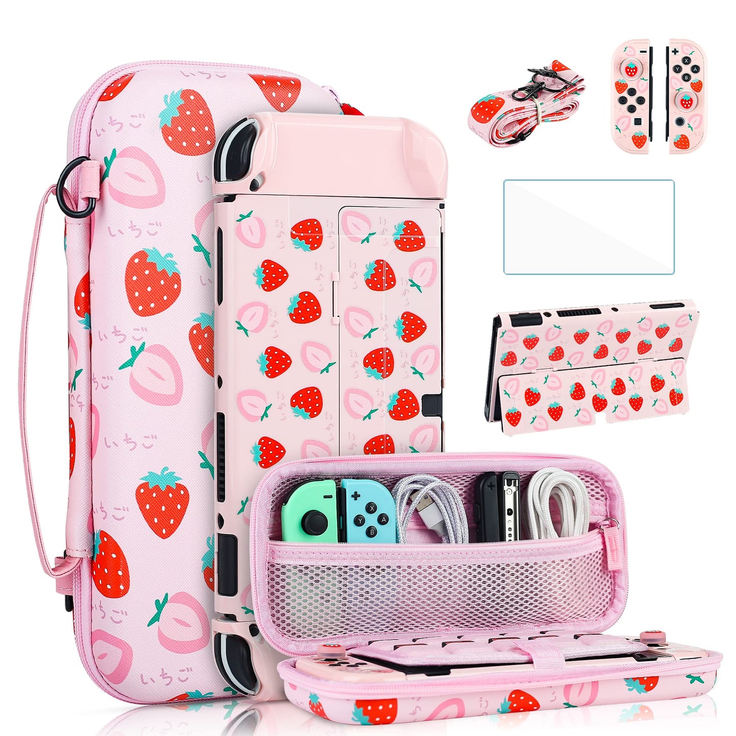FANPL Cute Carrying Case for Nintendo Switch OLED  Pink Protective Cover Accessories Bundle with Tpartyl Case  Hard Shell  Adjustable Shoulder Strap  Thumb Grips  Screen Protector (Pink Strawberry)