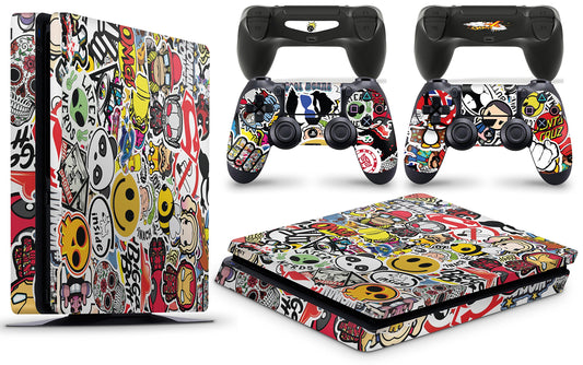 giZmoZ n gadgetZ PS4 Slim Console STICKERBOMB Skin Decal Vinal Sticker + 2 Controller Skins Set