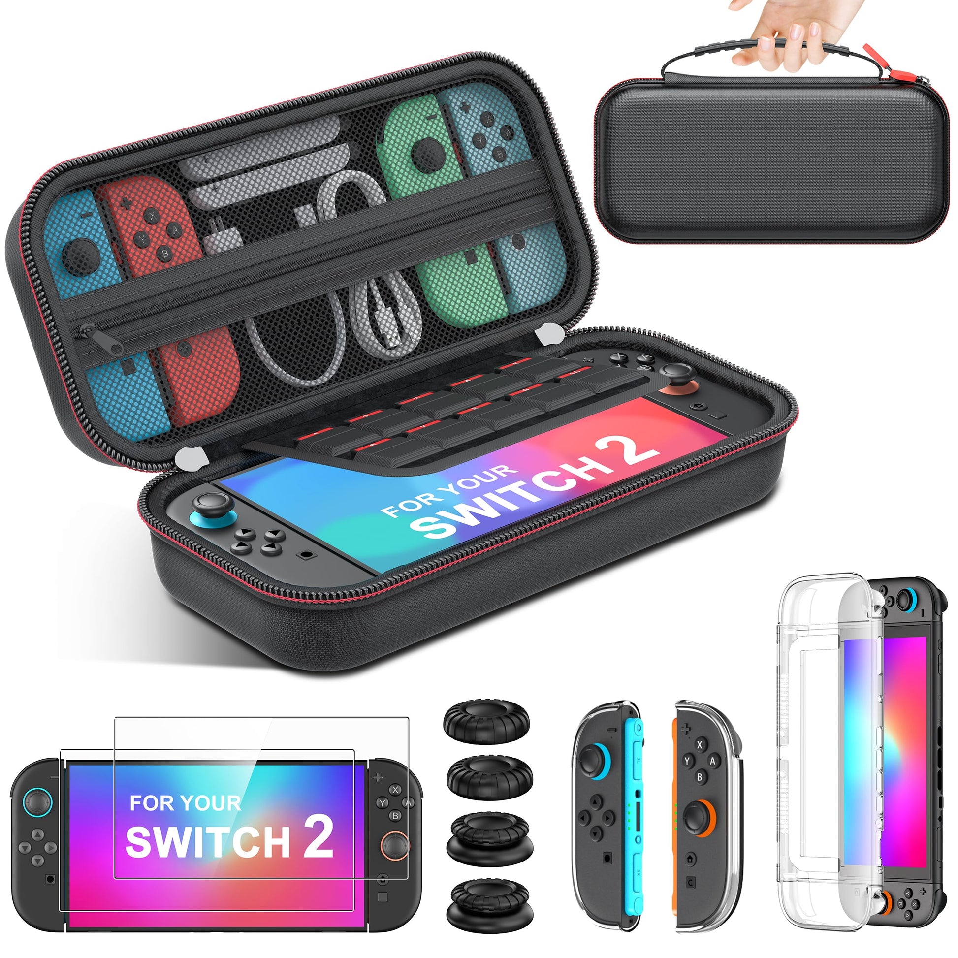 Spican Switch 2 Accessories 4 in 1 Bundle Kit  Switch Carrying Case for Nintendo Switch 2/Switch/Oled  Split-Clear Protective CoverX1&Screen ProtectorsX2&Grip CapsX4 for Switch 2