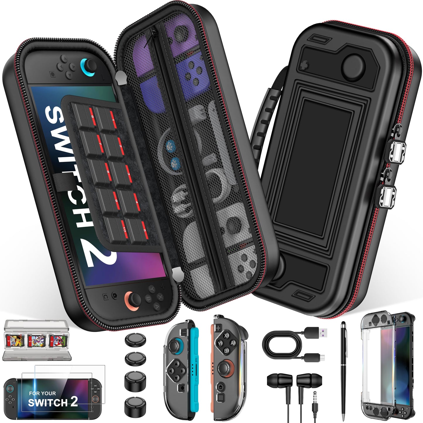 NinABXY Switch 2 Accessories  Bundle for Nintendo Switch 2 (2025)  12-IN-1 Kit: PU Carrying Case  Magnetic Split PC Case  Tempered Glass  Thumb Grips  Game Card Holder  Stylus Pen  Gaming Headphones