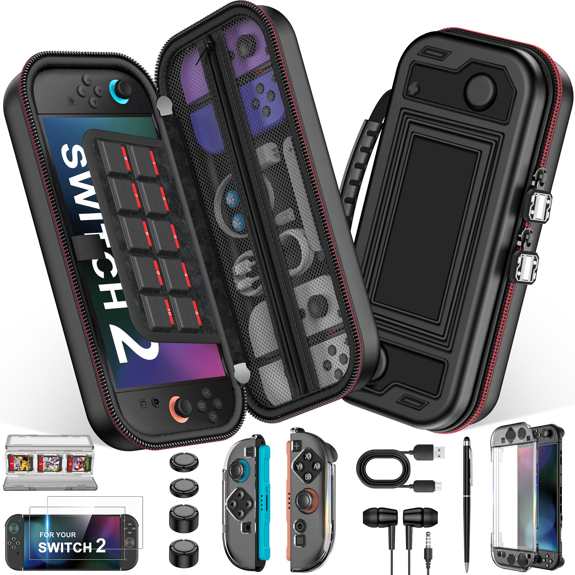 NinABXY Switch 2 Accessories  Bundle for Nintendo Switch 2 (2025)  12-IN-1 Kit: PU Carrying Case  Magnetic Split PC Case  Tempered Glass  Thumb Grips  Game Card Holder  Stylus Pen  Gaming Headphones