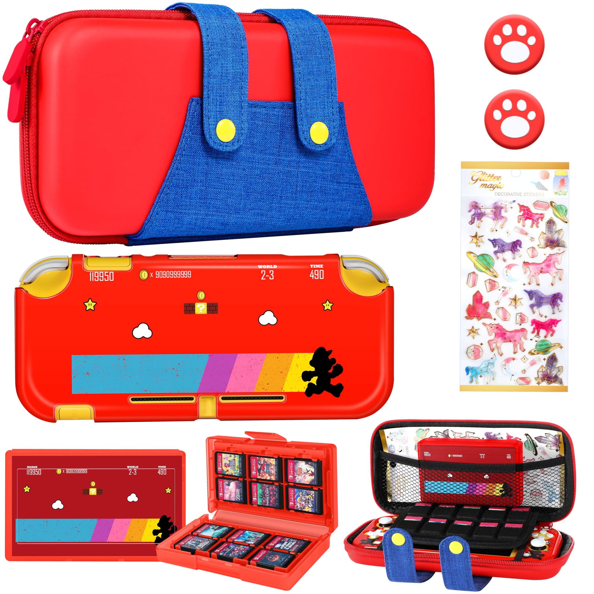 Gurgitat 6in1 Maro Switch Lite Case for Nintendo Switch Lite - Durable Hard Cover, Red Blue Maro, Includes Thumb Grips & Game Holder