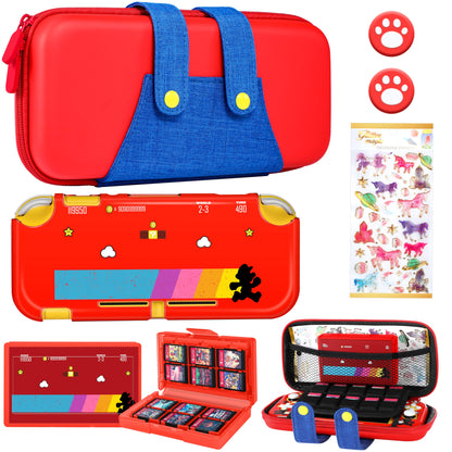 Gurgitat 6in1 Maro Switch Lite Case for Nintendo Switch Lite - Durable Hard Cover, Red Blue Maro, Includes Thumb Grips & Game Holder