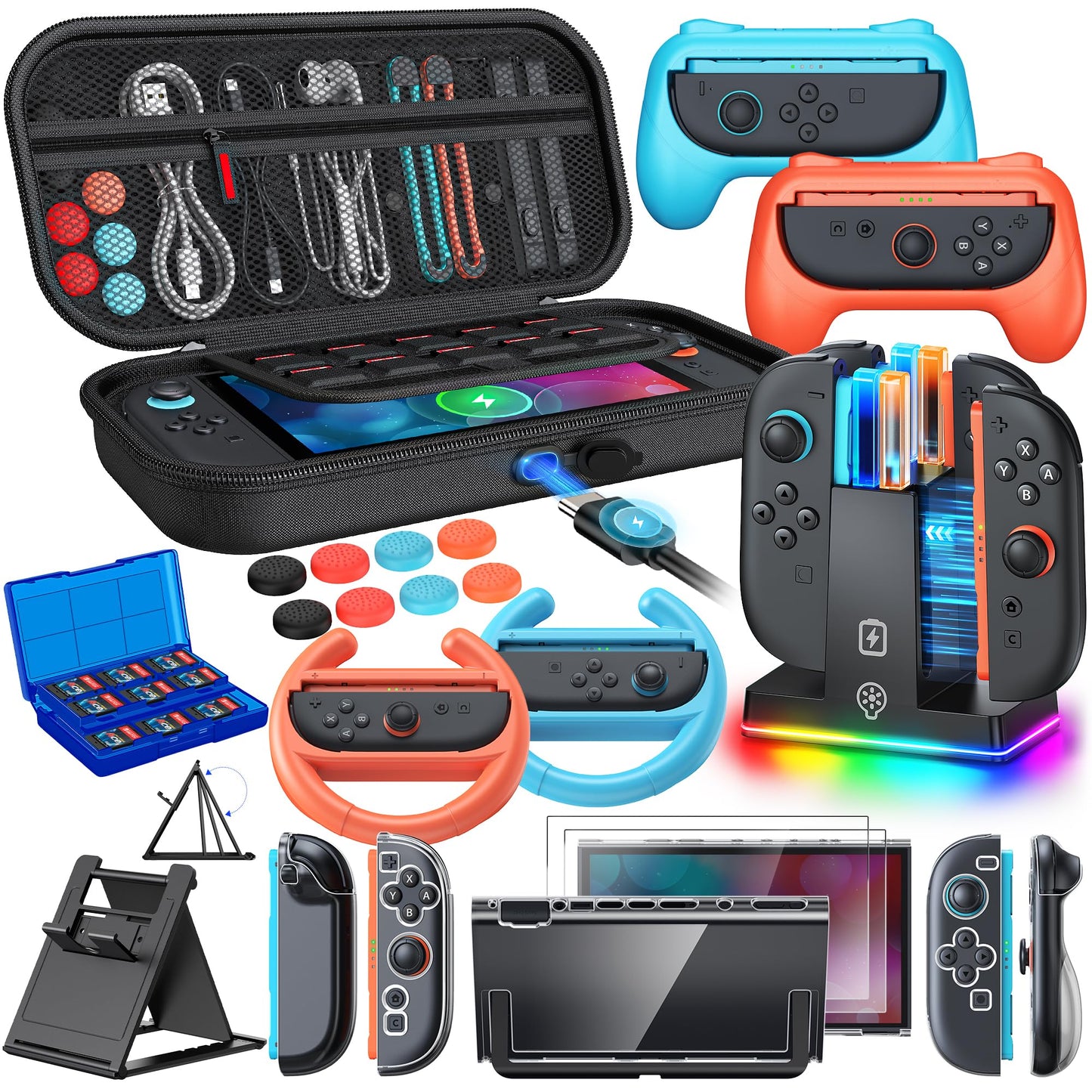 Switch 2 Accessories  [Charge Inside]Case Bundle for Nintendo Switch 2 2025 Console  FYOUNG 23 IN 1 Kit:Carrying Case Controller Charger Protective Shell Grip for Joycon  Steering Wheel for Mario Kart