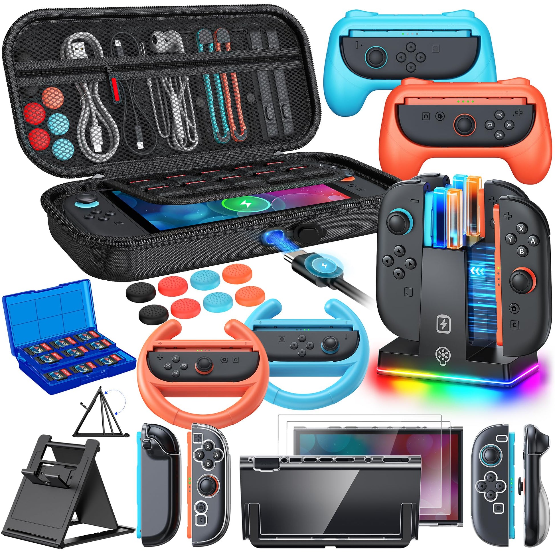 Switch 2 Accessories  [Charge Inside]Case Bundle for Nintendo Switch 2 2025 Console  FYOUNG 23 IN 1 Kit:Carrying Case Controller Charger Protective Shell Grip for Joycon  Steering Wheel for Mario Kart