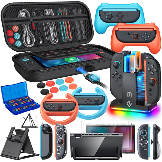 Switch 2 Accessories  [Charge Inside]Case Bundle for Nintendo Switch 2 2025 Console  FYOUNG 23 IN 1 Kit:Carrying Case Controller Charger Protective Shell Grip for Joycon  Steering Wheel for Mario Kart