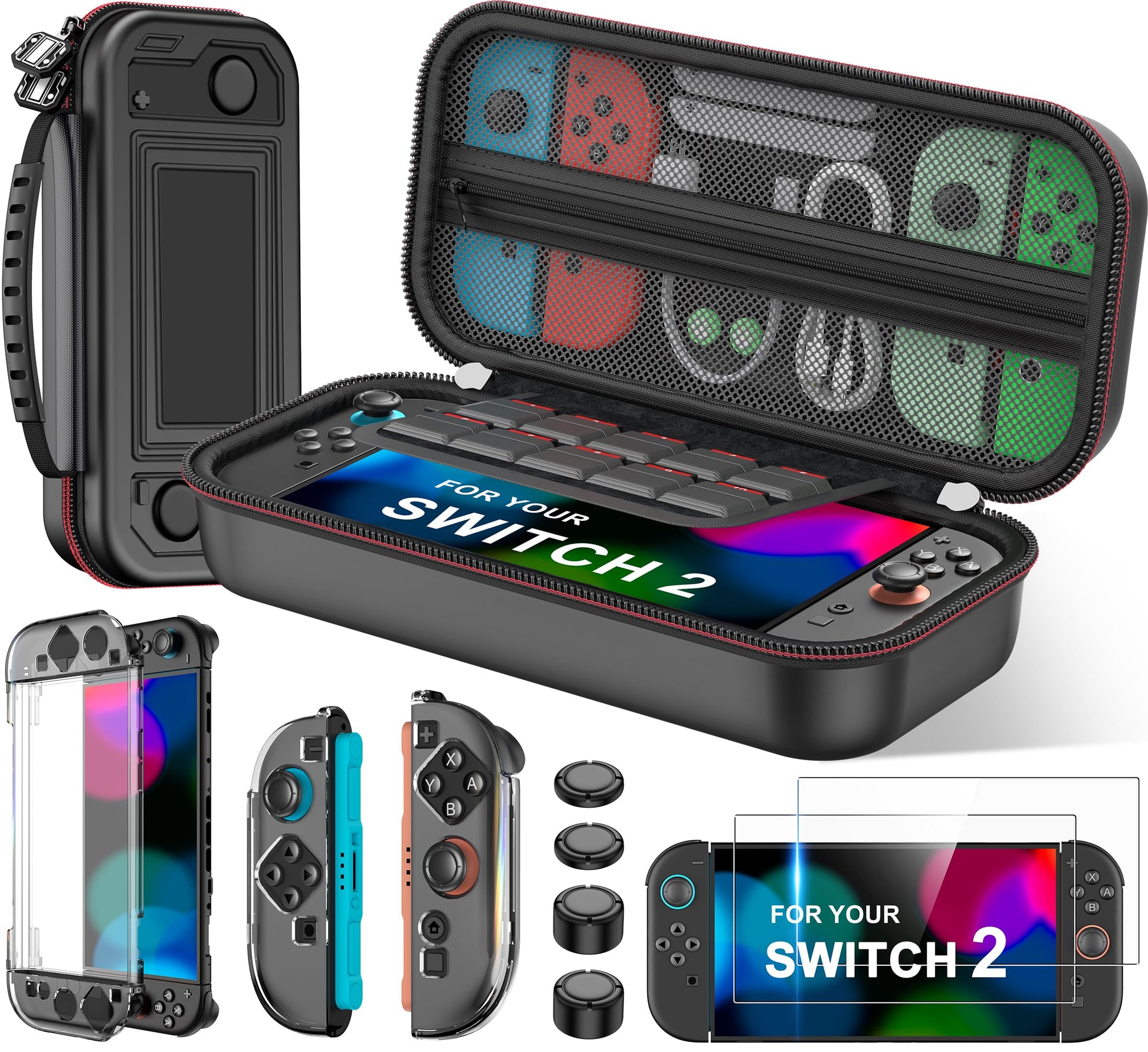 Larstylee Switch 2 Accessories Bundle - Carrying Case for Switch 2/Switch/OLED  2x Switch 2 Screen Protectors  Detachable Protective Cases  4x Thumb Caps