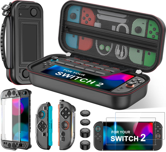Larstylee Switch 2 Accessories Bundle - Carrying Case for Switch 2/Switch/OLED  2x Switch 2 Screen Protectors  Detachable Protective Cases  4x Thumb Caps