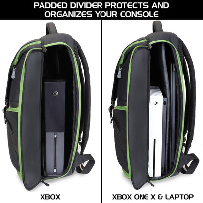 ENHANCE Xbox Backpack - Large Green Carrying Case for Series S, One X, One S - Storage for Controllers, Headset & Games