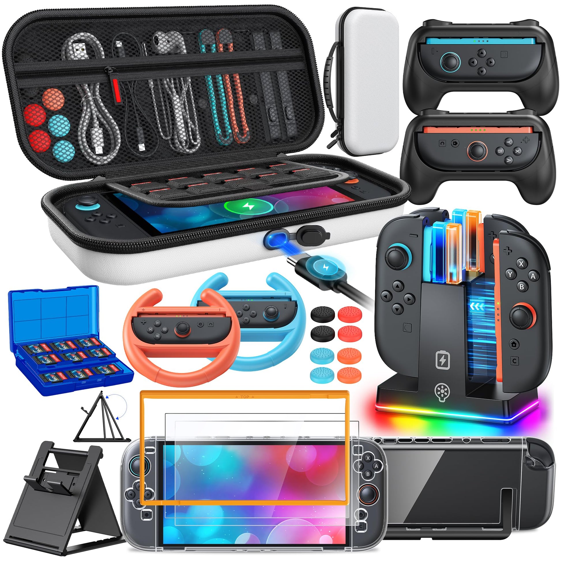 Switch 2 Accessories Case Bundle for Switch 2 2025 Console FYOUNG 23 IN 1 Kit:Carrying Case Controller Charger Protective Shell Grip for Joycon Steering Wheel (White)