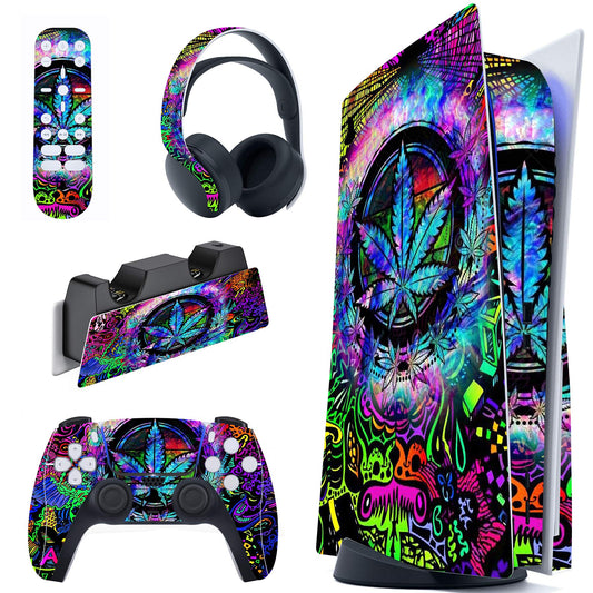 PlayVital Psychedelic Leaf Full Set Skin Decal for ps5 Console Disc Edition  Sticker Vinyl Decal Cover for ps5 Controller & Charging Station & Headset & Media Remote