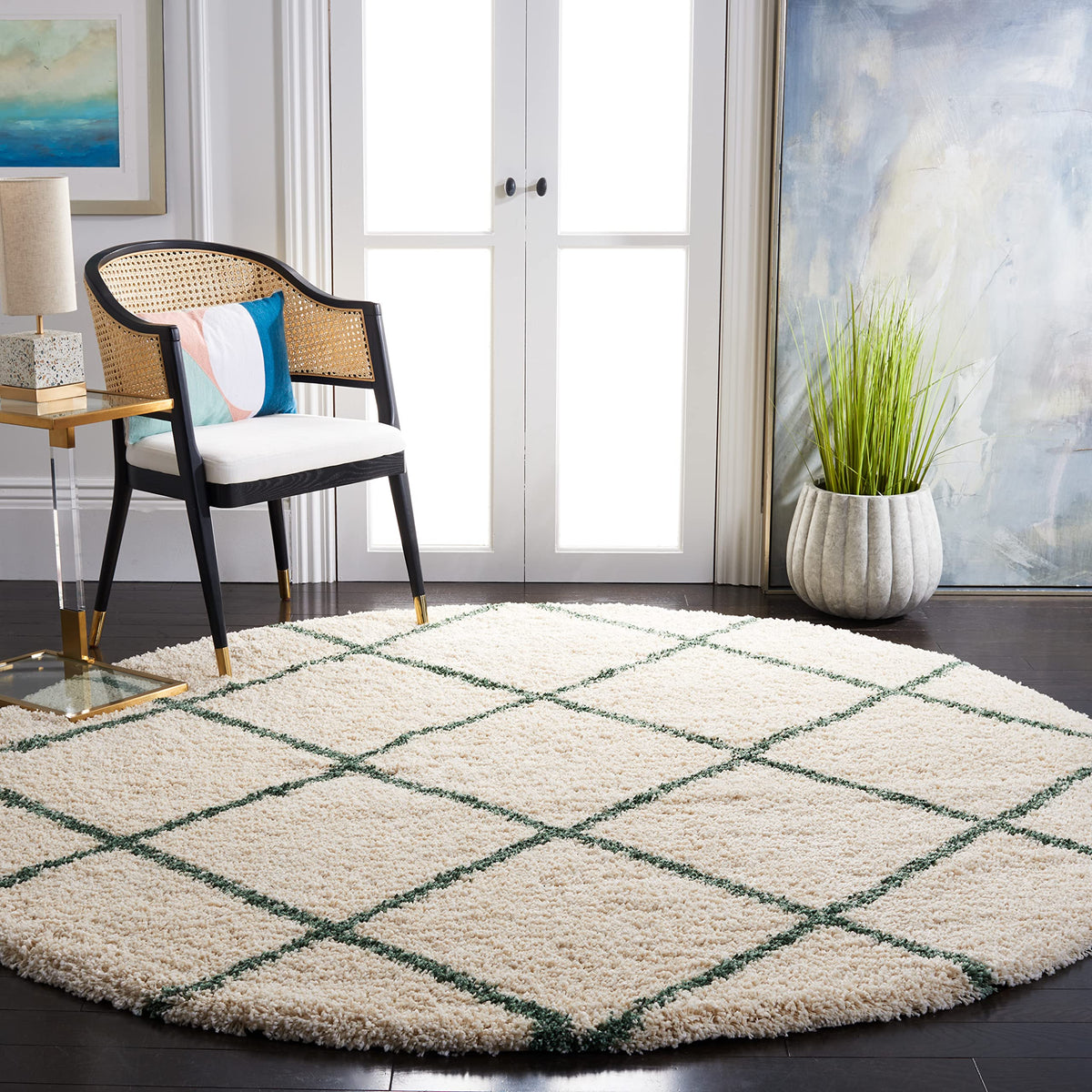 SAFAVIEH Hudson Shag Collection Area Rug - 7 Round, Ivory & Green, Modern Trellis Design, Non-Shedding & Easy Care, 2-inch Thic