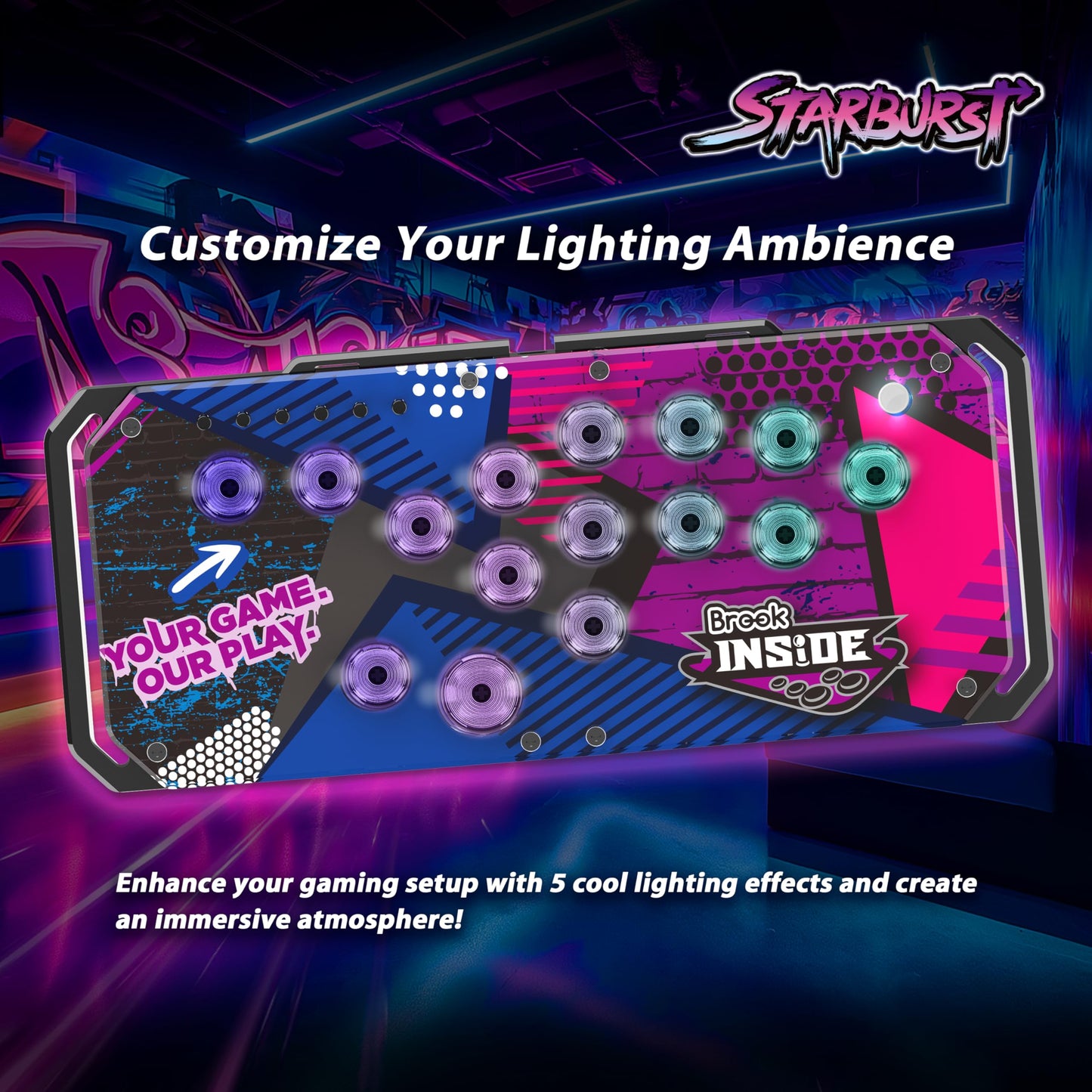 Brook Fighter Starburst Arcade Controller - Hot-Swappable, RGB Lighting, Adjustable Angles, PS5/PS4/Xbox/PC, Black, Model ZPP006H
