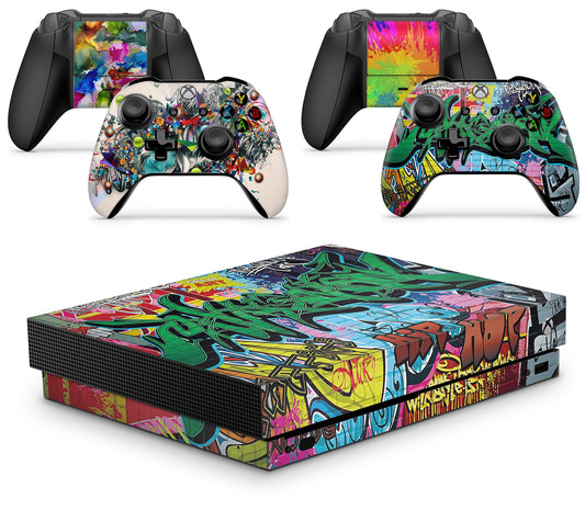GNG Graffiti Skins Compatible with Xbox One X Console Decal Vinal Sticker + 2 Controller Set