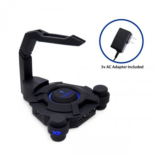 USB 3.0 4-Port Hub with Gaming Mouse Bungee  5V 2M AC Adapter  Flexible Mouse Cord Management  Blue LED Light with ON/OFF Switch  Anti-Slip Base Design