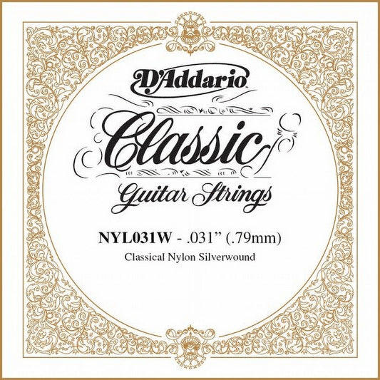 DAddario Nyl031W Silver-Plated Copper Classical Single String, .031