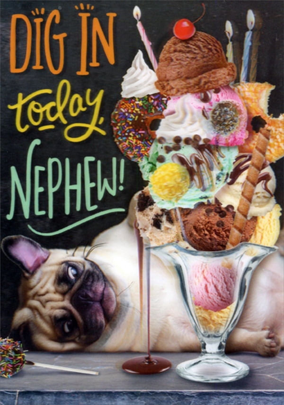 Designer Greetings Pug Looking At Huge Ice Cream Sundae Funny : Humorous 3D Lenticular Motion Birthday Card For Nephew