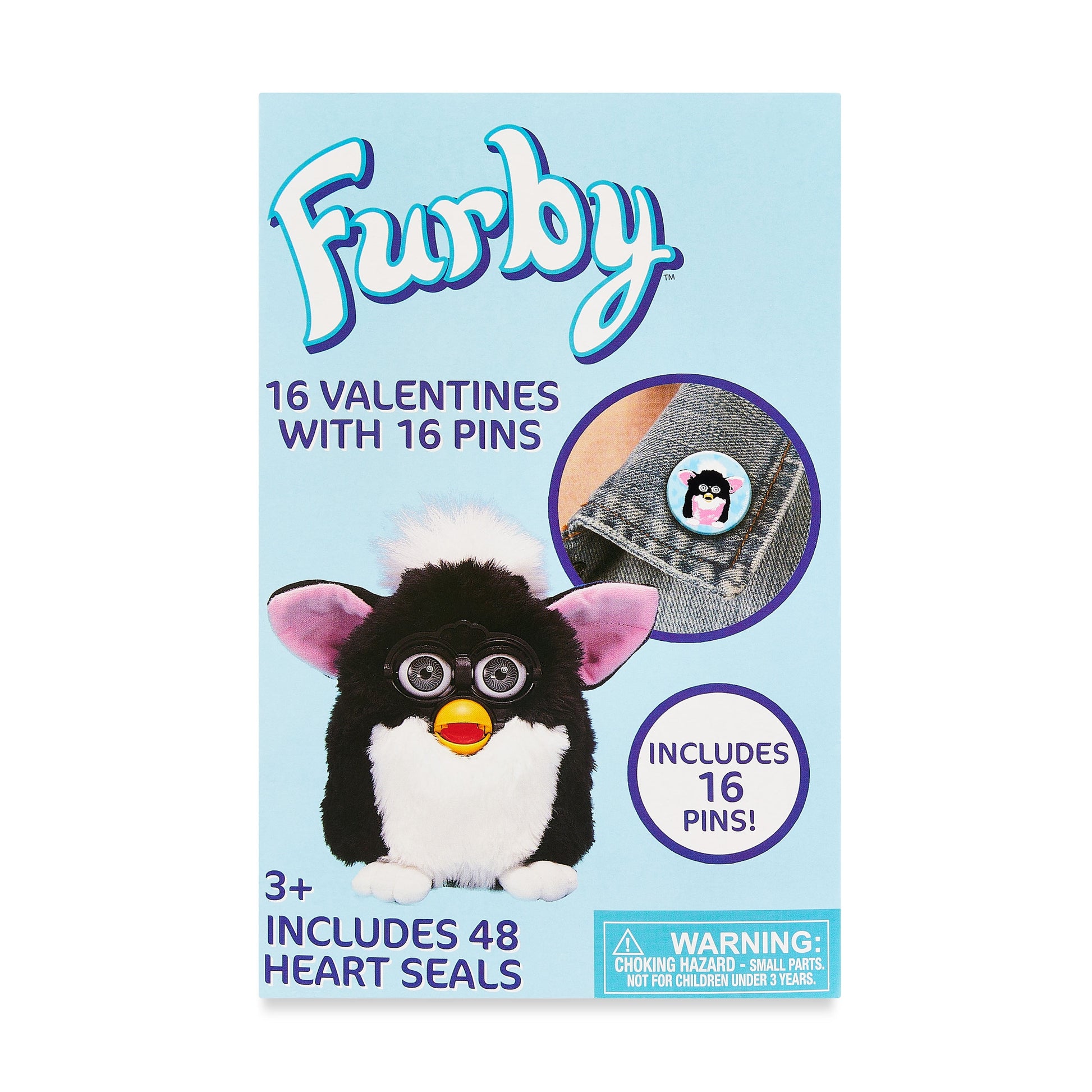 Hasbro Furby Valentine Exchange Cards With Button-Pins, Paper, Tin, Party, Exchange, Blue, 16 Count