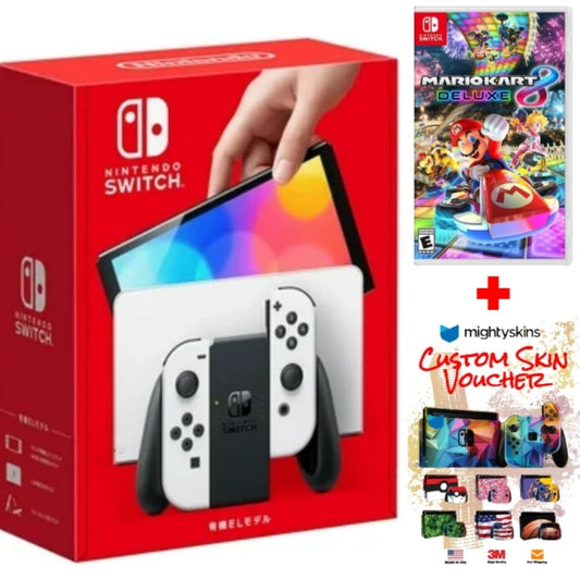 Nintendo Switch Oled Model Bundle W/ White Joy-Con Console With Mario Kart 8 Deluxe Game & Mightyskins Voucher ?Jp Edition With 